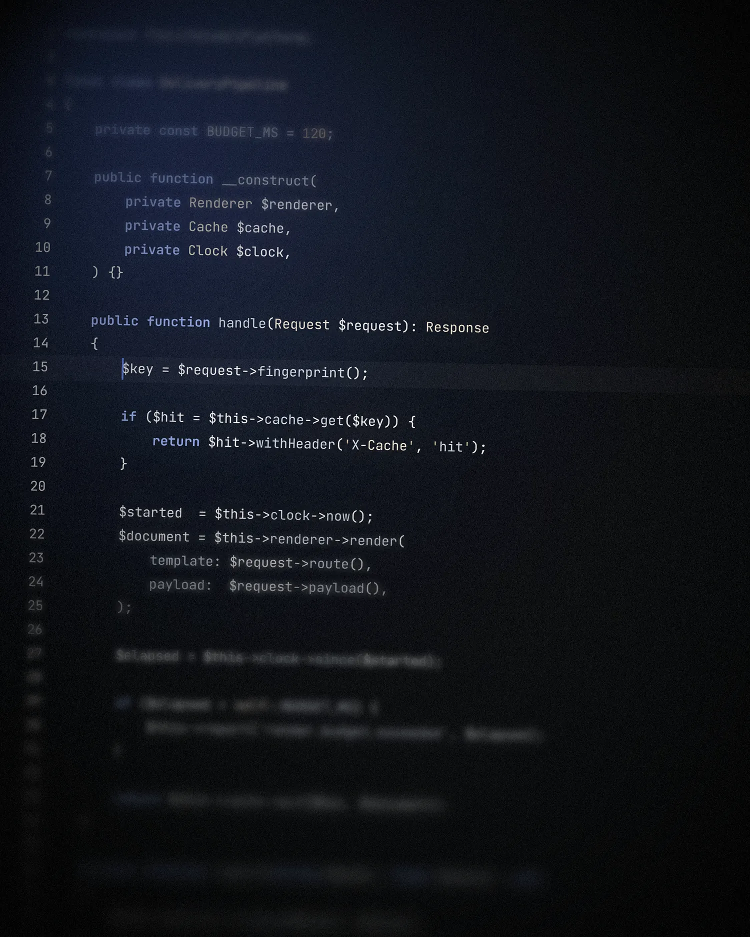 Close view of production application code in an editor during a development session.