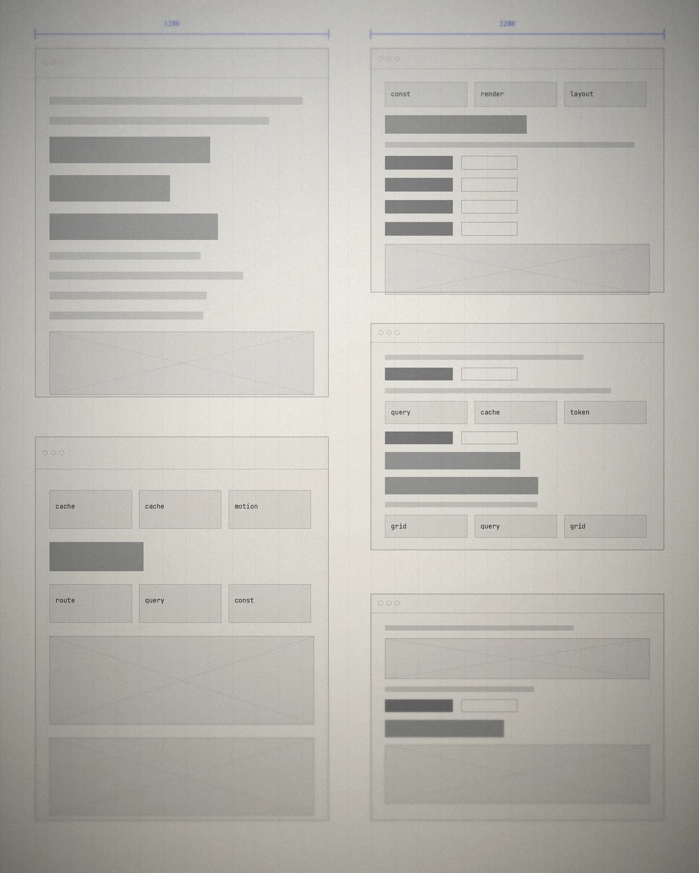 Interface layout studies laid out as a design sheet with measurement annotations.